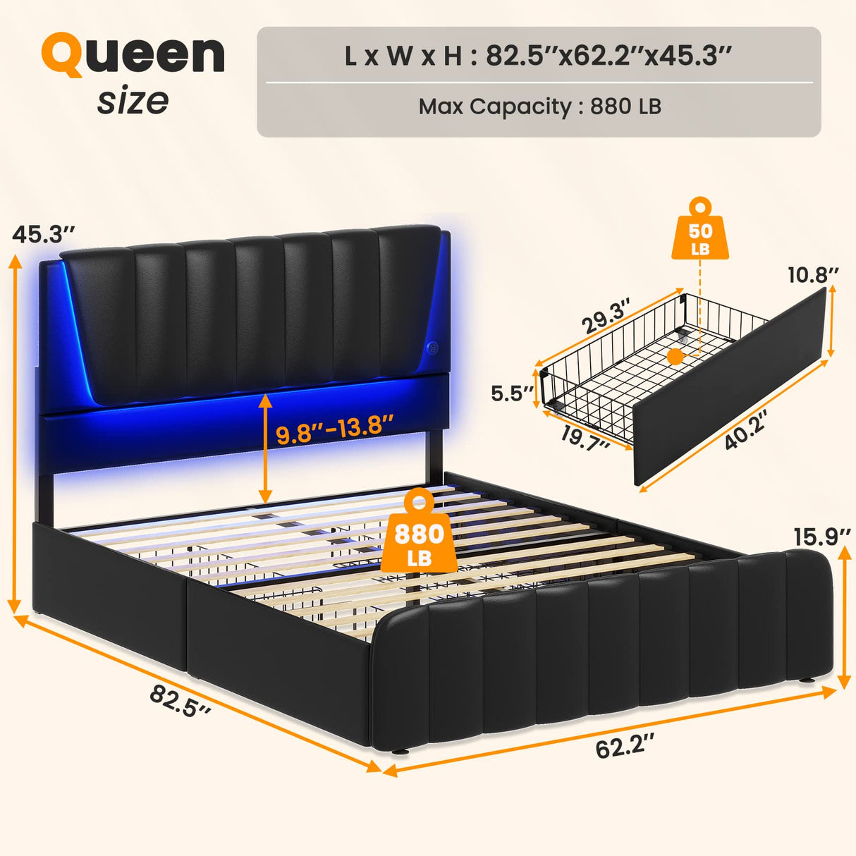 AOGLLATI Queen Bed Frame with Headboard, LED Lights, 4 Storage Drawers & USB Ports AOGLLATI