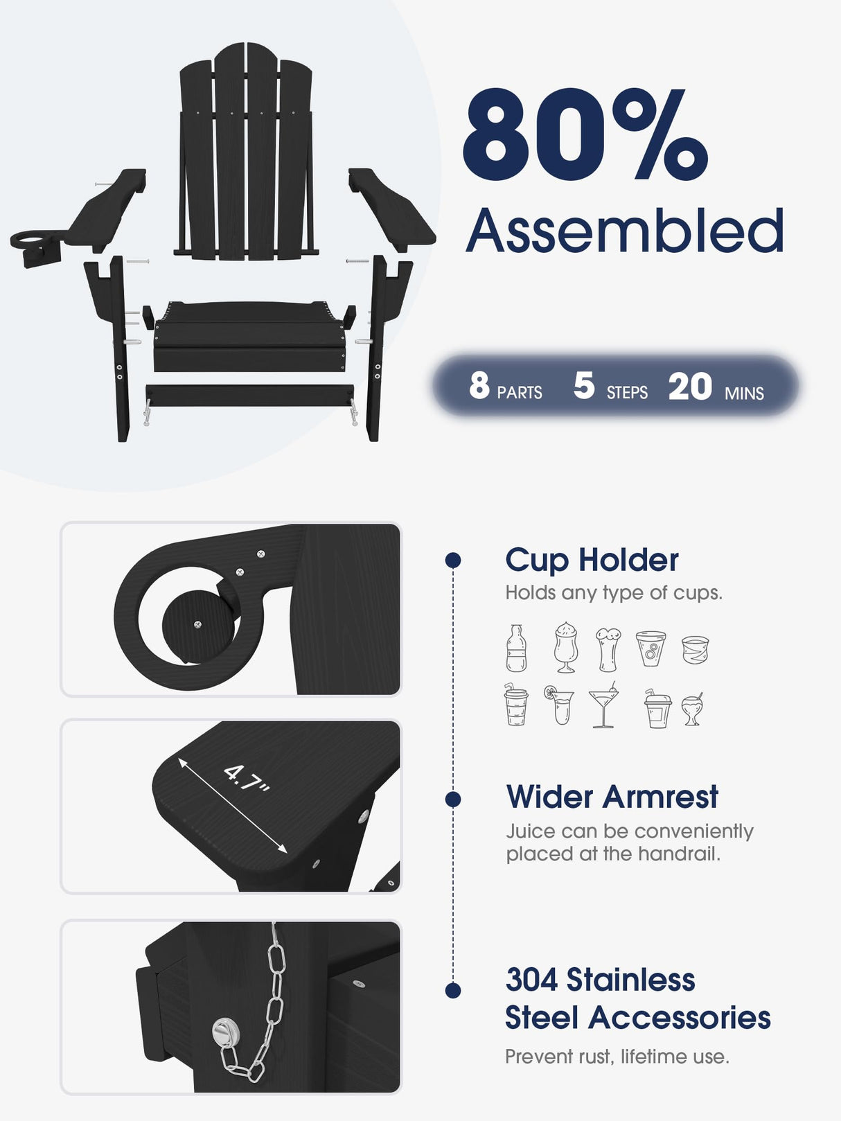KINGYES Folding Adjustable Backrest Adirondack Chair with Cup Holder, Oversized Weather Resistance Adirondack Chair, HDPE Reclining Adirondack Chair for Adult, Black KINGYES