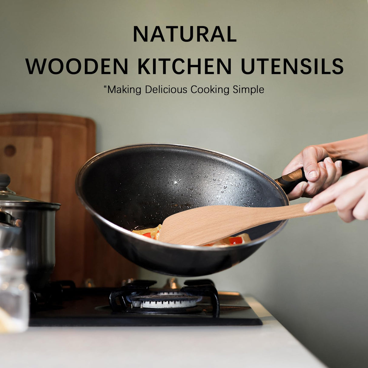 Hefild 2PCS Wooden Spatulas for Cooking, 13inch Uncoated Beech Wood Turners for Frying, Non-Scratch Wood Flat Spurtle for Pan & Wok, Wooden Cooking Utensils for Non Stick Cookware, Long Handle Scraper Hefild