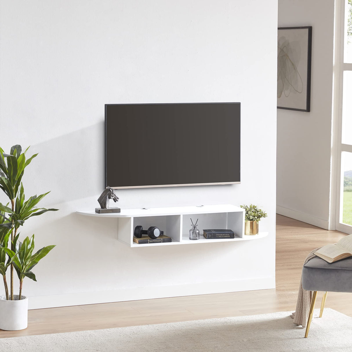 GHC Floating TV Stand, Wall Mounted Entertainment Center and Cabinet Shelf, TV Console with Storage, Media Console for DVD Player, Space-Saving Under TV Shelf for Bedroom, Living Room (White) GHC