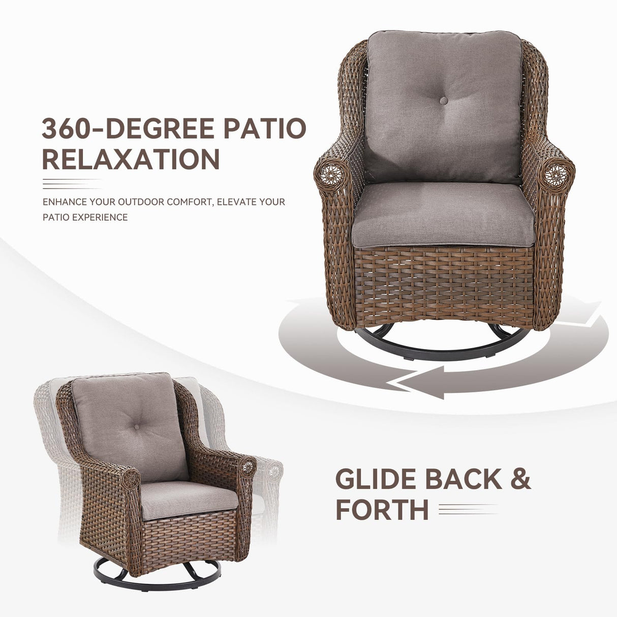 Bellefurn Patio Resin Wicker Furniture Set with Fire Pit Table, PE Rattan Swivel Patio Chairs with Propane Fire Pit Table, Brown Wicker 5PCS Patio Conversation Set Bellefurn