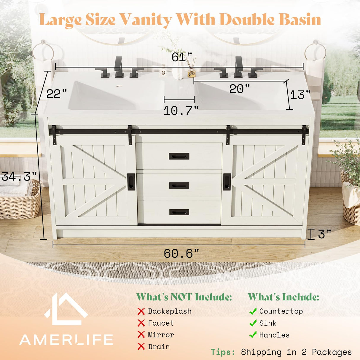 AMERLIFE 61" Farmhouse Double Bathroom Vanity with Sink Combo, Dual Basin Bathroom Storage Cabinet with Sliding Barn Doors & Drawers, Large Double Bath Vanity Sink Set, Rustic White AMERLIFE