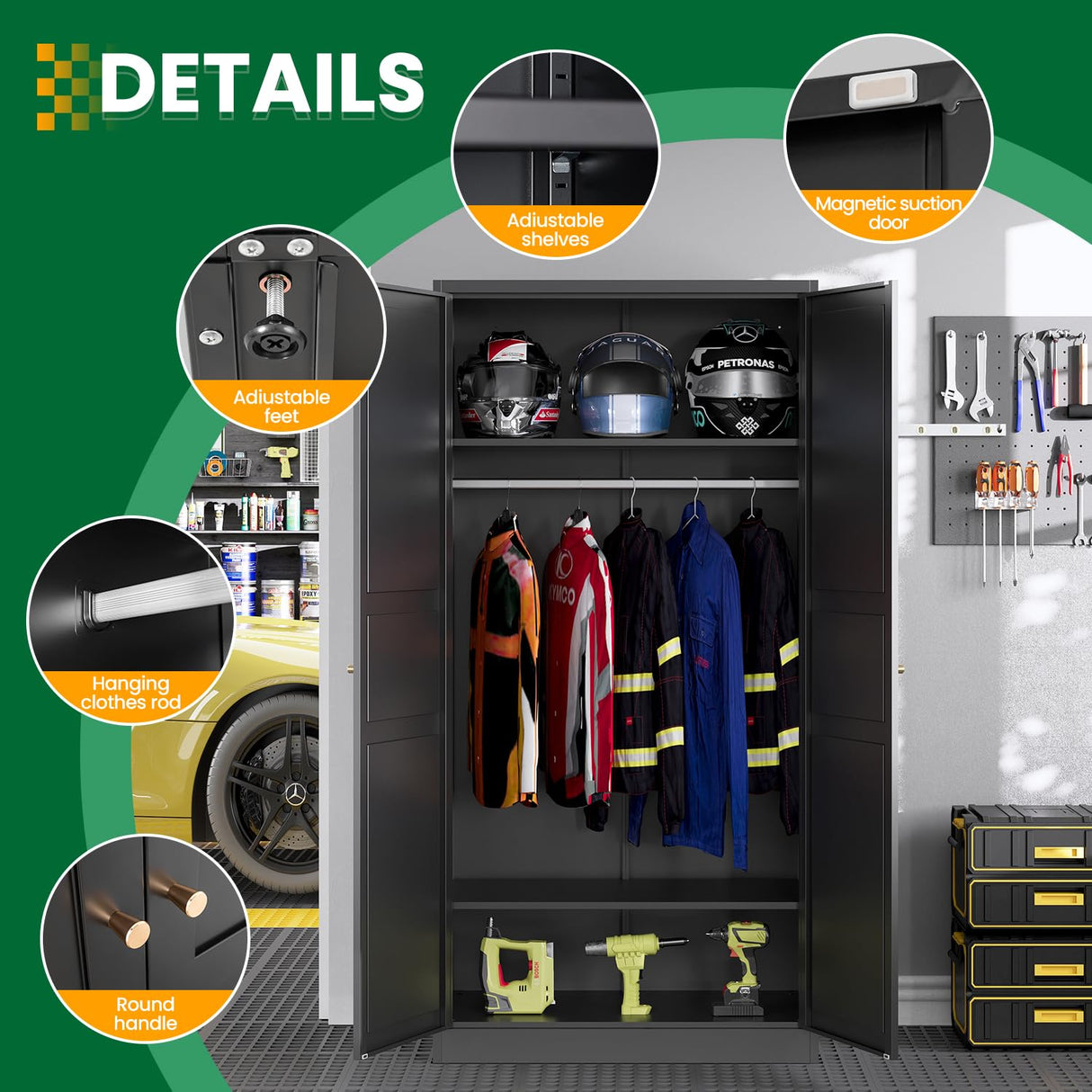 LISSIMO Metal Wardrobe Closet Cabinet,Armoire Wardrobe Closets Storage Cabinets with Doors and Shelves for Laundry Room,Bedroom,Home Office,Bathroom(Black LISSIMO