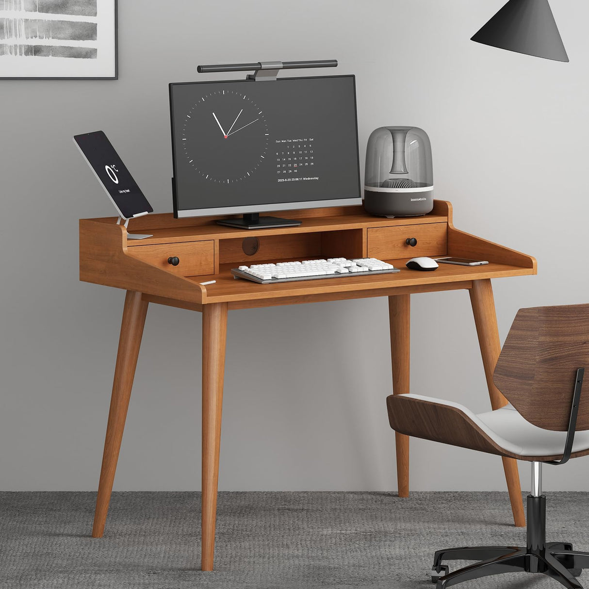 Ucerna Mid Century Modern Desk, 43" Wood Home Office Writing Computer or Laptop Desk with Monitor Stand Riser and Open Storage Cubby, Vanity Desk with 2 Drawers Ucerna