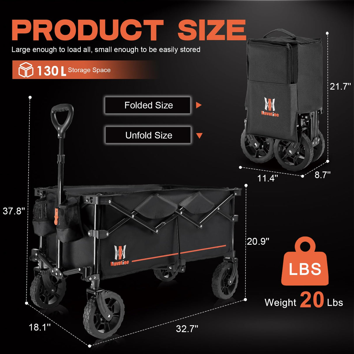 Navatiee Collapsible Folding Wagon, Wagon Cart Heavy Duty Foldable with Two Drink Holders, Utility Grocery Wagon for Camping Shopping Sports, S2, Black Navatiee