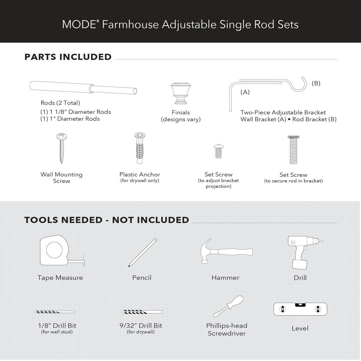 MODE Farmhouse Collection 1 1/8" Diameter Curtain Rod Set with Cottage Square Curtain Rod Finials and Steel Wall Mounted Adjustable Curtain Rod, Fits 36” to 72” Windows, Weathered Oak MODE