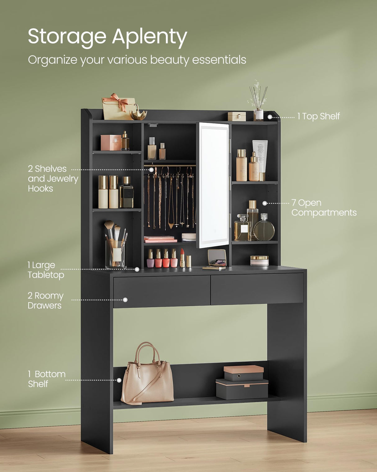 VASAGLE Vanity Desk with Mirror and Lights, Makeup Vanity with Upholstered Vanity Stool, Dimmable LED Lights, Adjustable Shelves, 7 Compartments, 2 Drawers, for Bedroom, Ink Black URDT131B01 VASAGLE