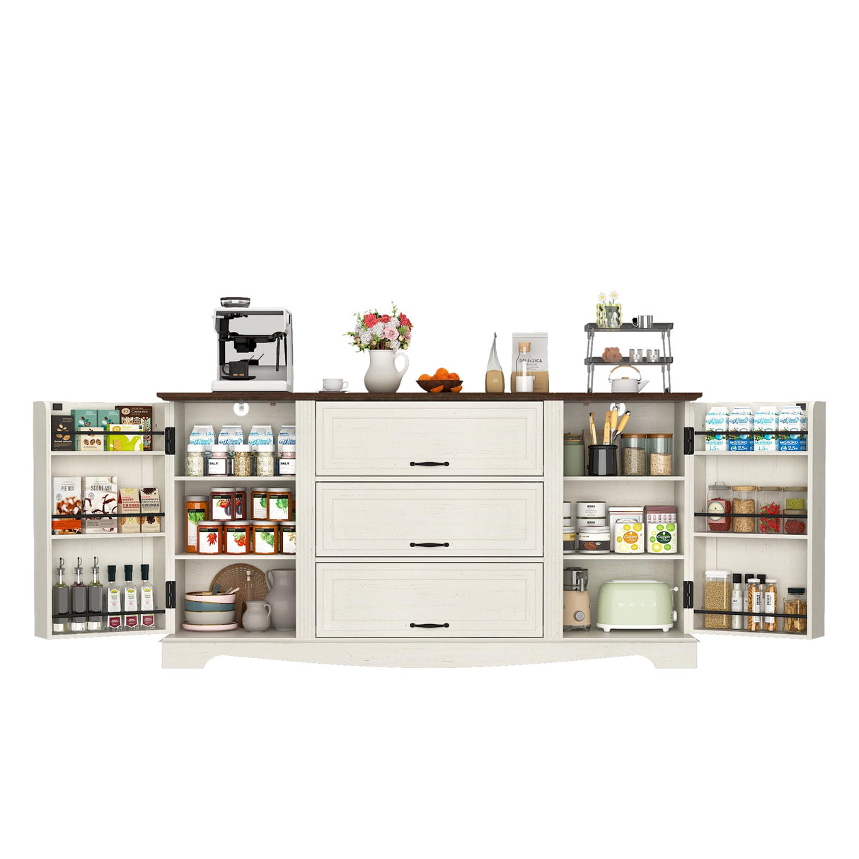 65" Sideboard Buffet Cabinet with Storage, Farmhouse Kitchen Pantries Sideboard Cabinets with Drawer, Wood Coffee Bar Cabinet with Adjustable Shelves, Storage Cabinets for Kitchen, Antique White chartustriable