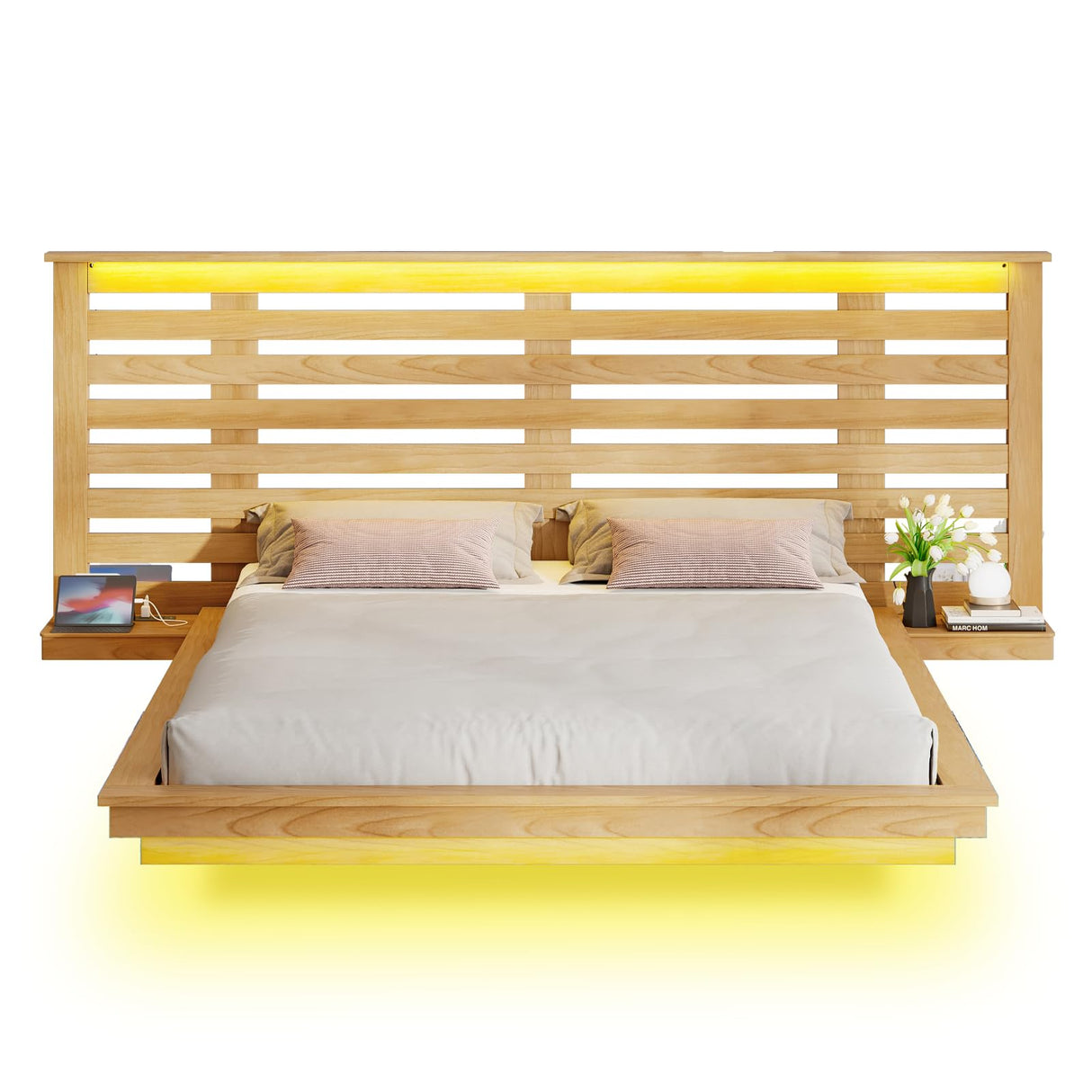 Albott Natural Oak Floating Bed Frame with Extended Headboard, LED Lights, and Integrated Charging Station Albott