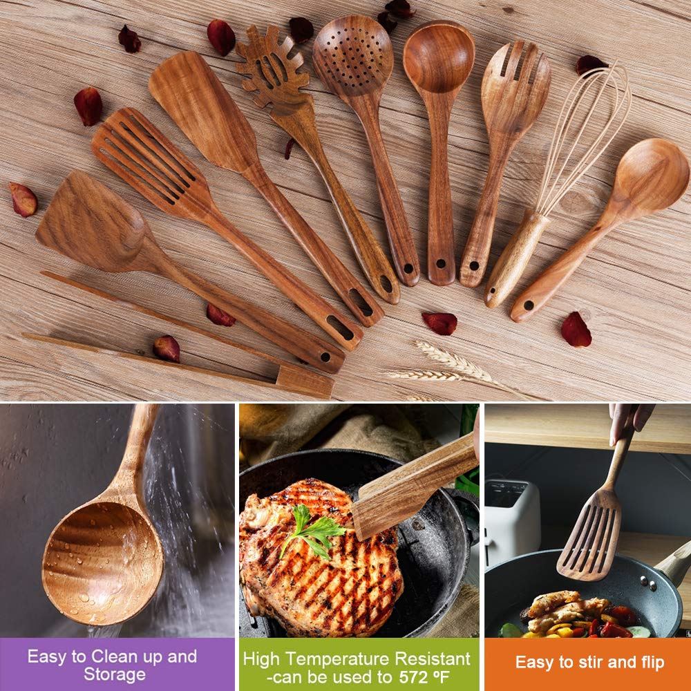 Kitchen Utenails Set with Holder,Kitchen Wooden Utensils for Cooking, Wood Utensil Natural Teak Wood Spoons for Cooking,Wooden Kitchen Utensil Set With Spatula and Ladle (11) AIUHI