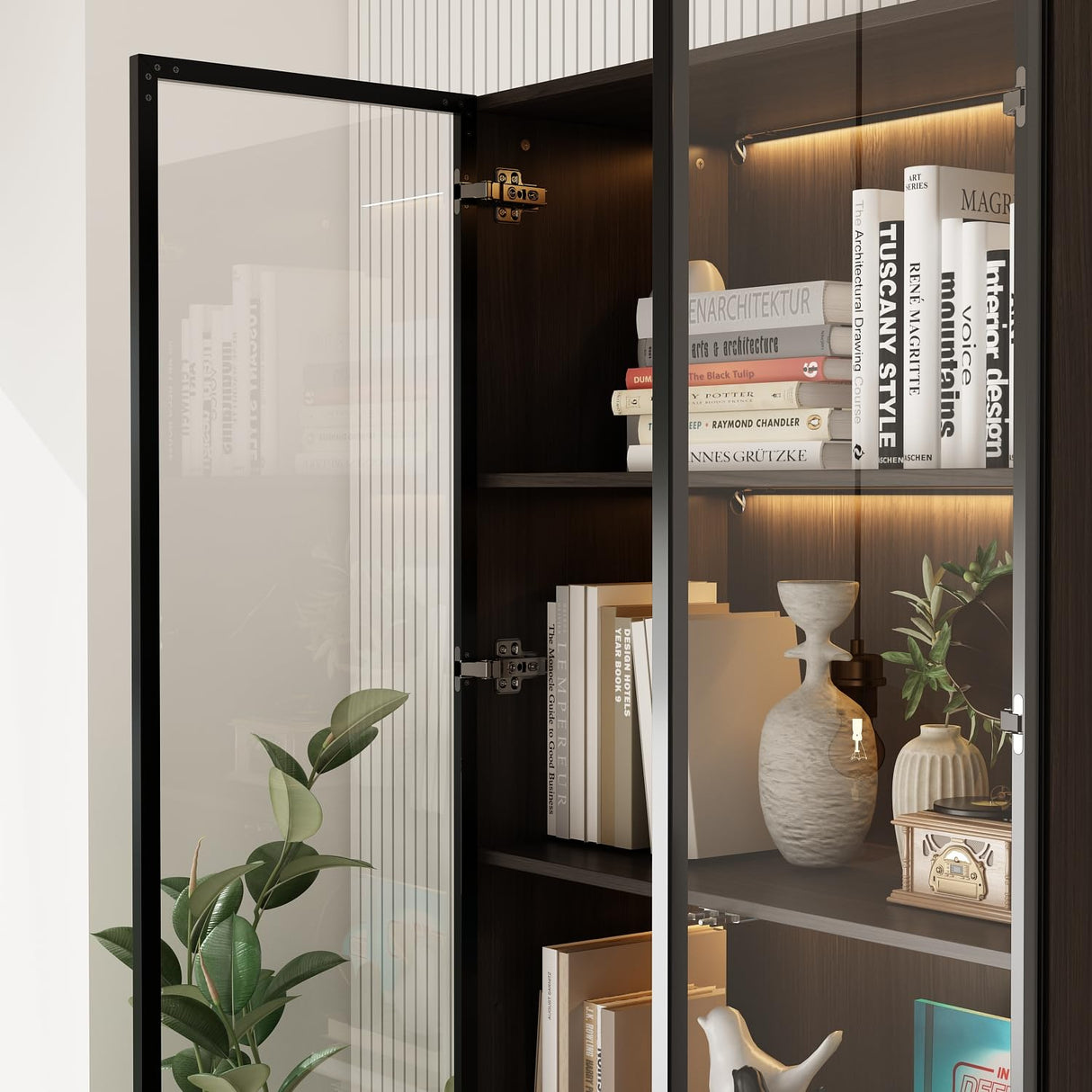 TAMUNE Display Cabinet with Glass Doors & Lights, Display Case with 3-Tier Shelves & 3 Drawers, Glass Storage Cabinet for Curio Trophy Living Room Office, Brown, 15.7”D x 31.5”W x 78.7”H TAMUNE