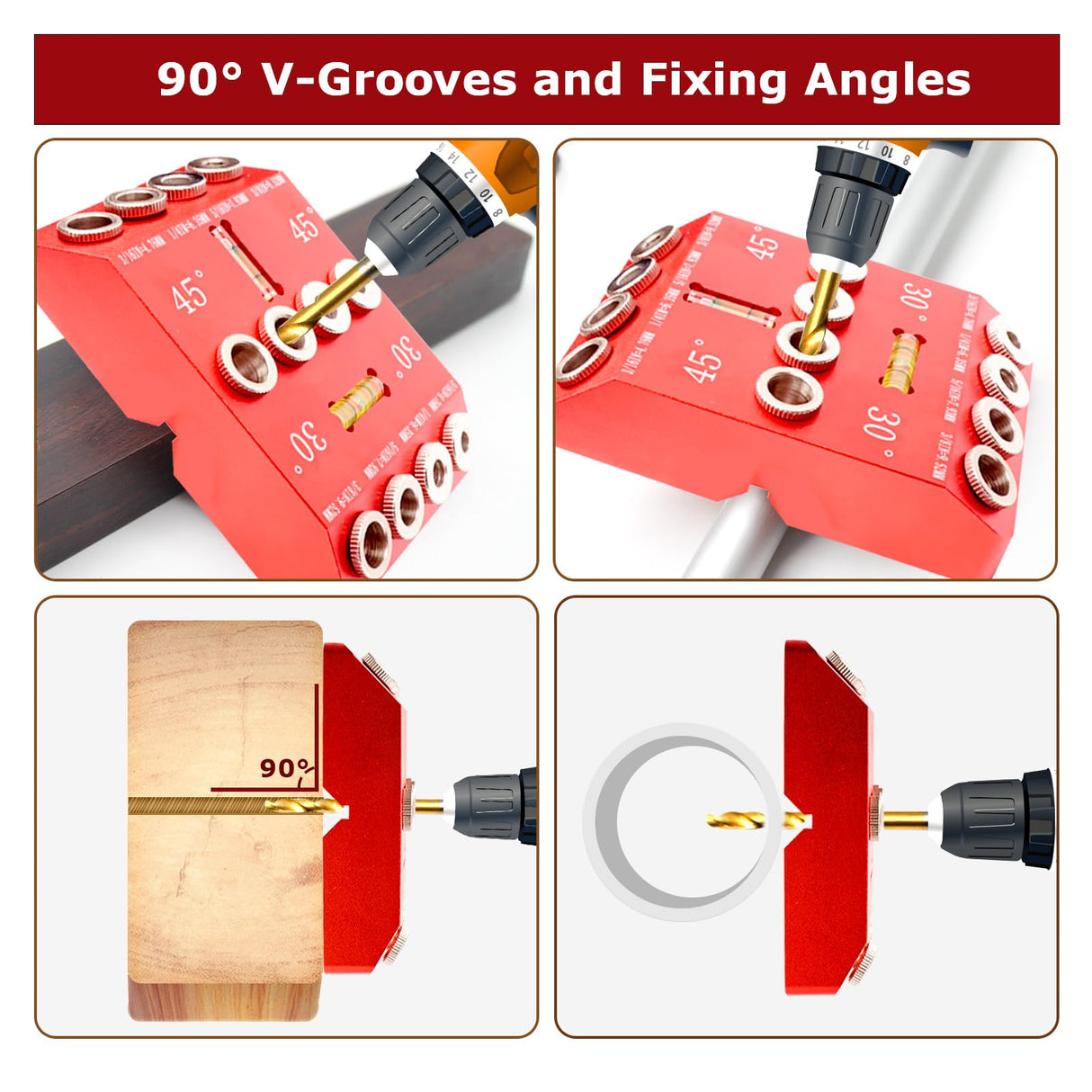 DIRAEEN 30 45 90 Angle Drill Guide Jig with 4 Drill Bits-Portable Drill Guide for Angled Holes and Straight Hole, All Metal Jig for Stairs Handrail, Cable Railing, Deck, Wood Post, Level design Diraeen