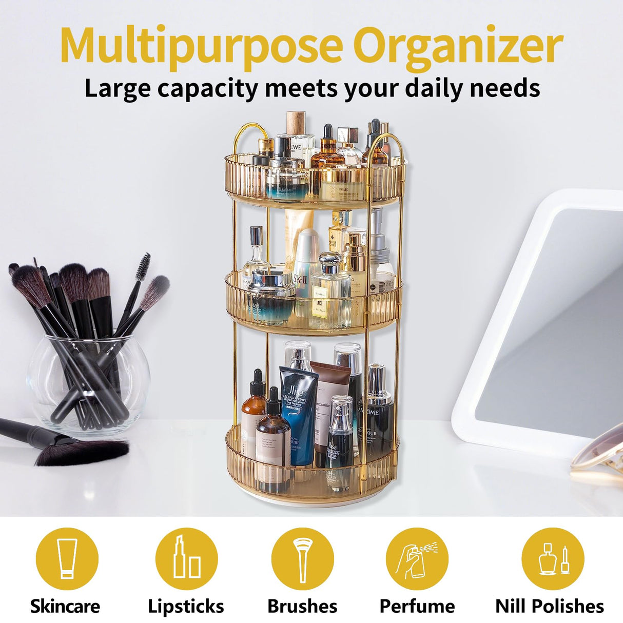 Asayuee 360 Rotating Makeup Organizer for Vanity,3 Tier Large Capacity Vanity Storage,Skincare Perfume Spinning Organizer,Bathroom Cosmetics Storage Makeup Stand Organizer (Gold-3 Tier) Asayuee