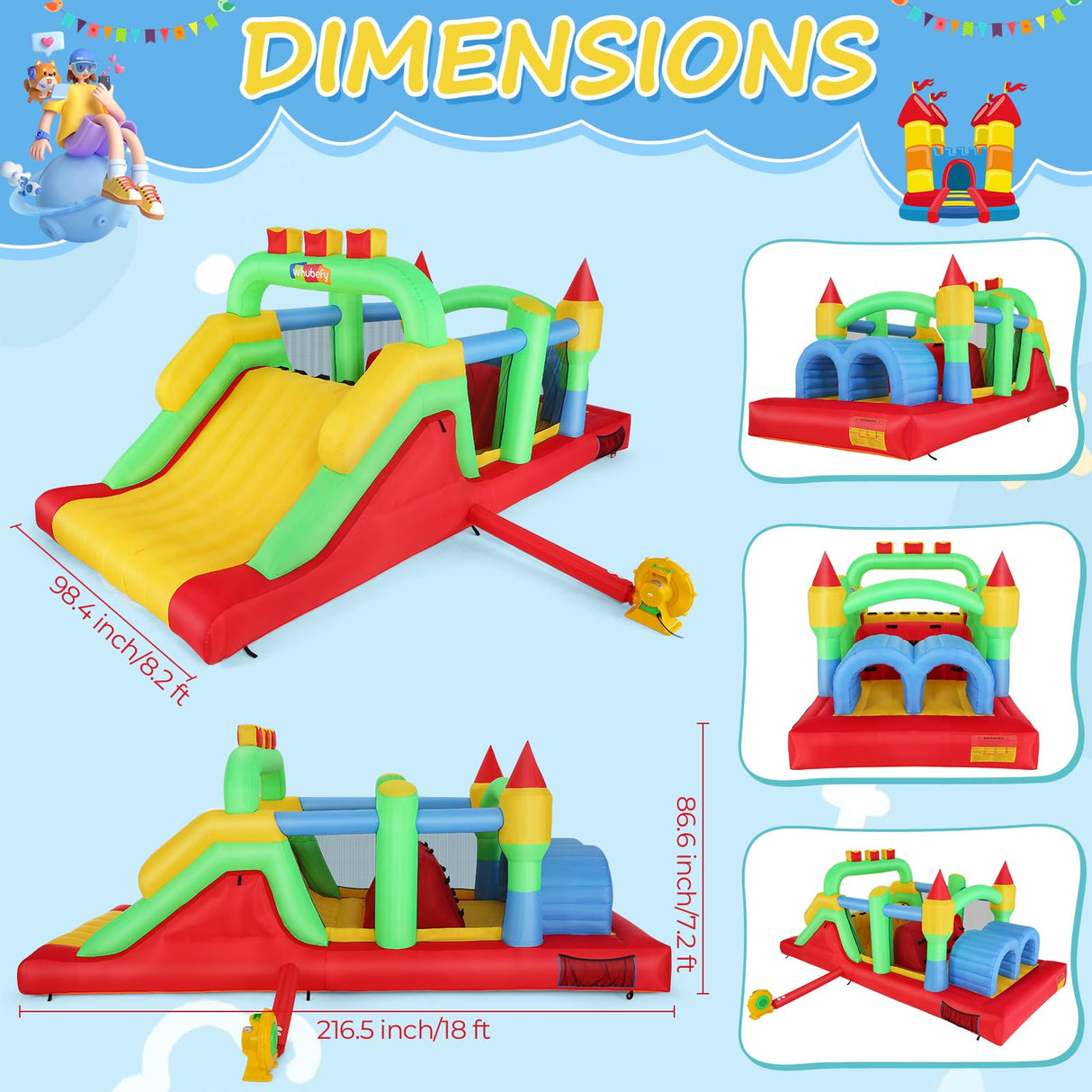 Whubefy Bounce House for Big Kids 8-12, 18 x 8.2FT Kids 3-6 Inflatable Obstacle Course w/Dual Tunnels, Large Slide, Climbing, Obstacles and Bounce Area Castle for Birthday Party, Fun Racing Game Whubefy