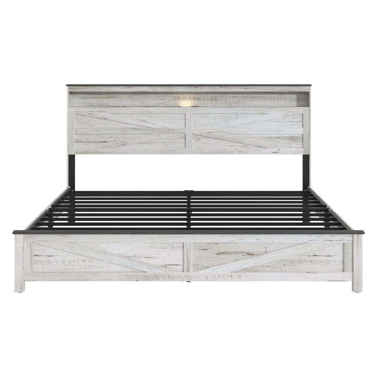 madeslves Farmhouse Wooden Bed Frame King Size with Storage Headboard, Boho Platform Bedframe with LED Lights and Charging Station, Metal Slats Support, No Box Spring Needed, White madeslves