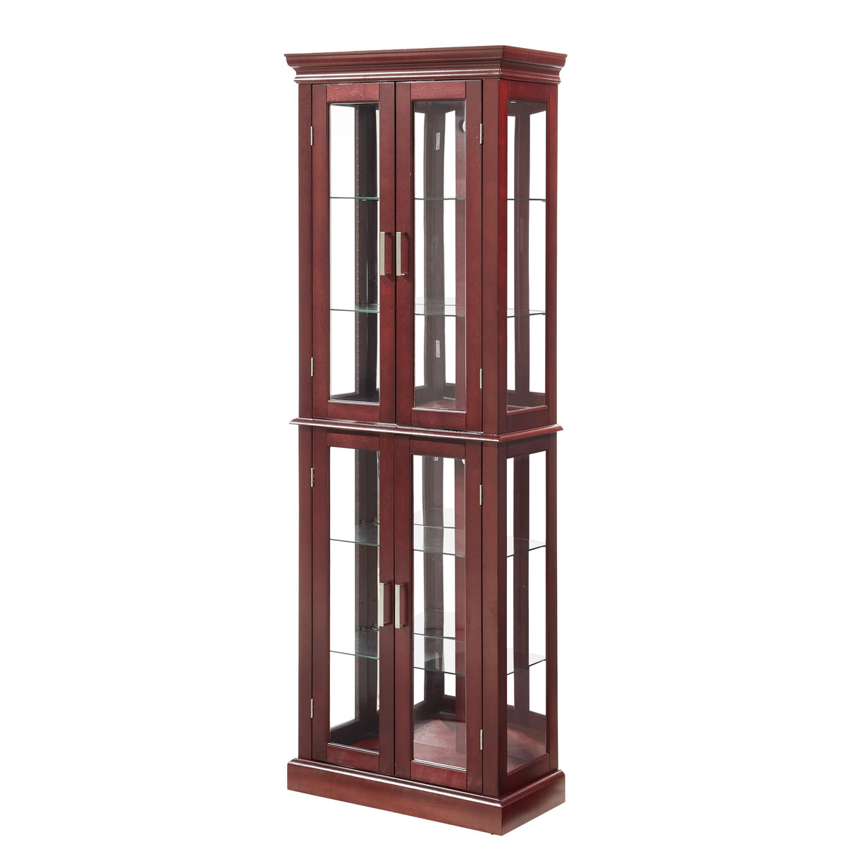 70" Lighted Curio Cabinet with Tempered Glass Doors - Cherry Wooden Curio Cabinet for Collectibles, China & Antiques, Adjustable Glass Shelves, Lockable, Mirror Back E26 Bulb Not Included Anveffeg