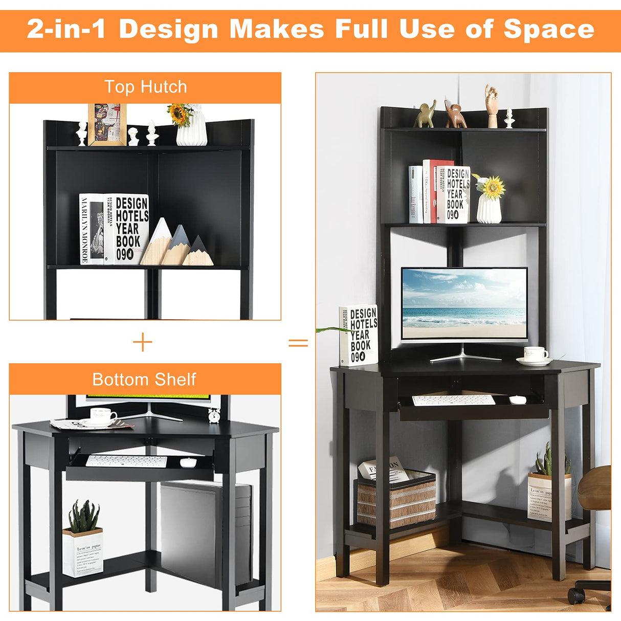 Tangkula Corner Desk with Hutch, 90 Degrees Triangle Corner Computer Desk with Keyboard Tray & Bookshelves for Small Space, Space Saving Corner Writing Desk for Bedroom Tangkula