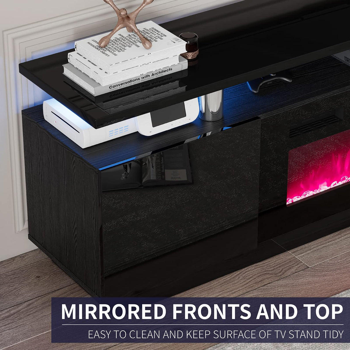 LUXOAK 80" Fireplace TV Stand, Modern High Gloss Finish Media Console with 40" Electric Fireplace, Open Storage Entertainment Center for TVs Up to 90" with LED Lights, Black LUXOAK