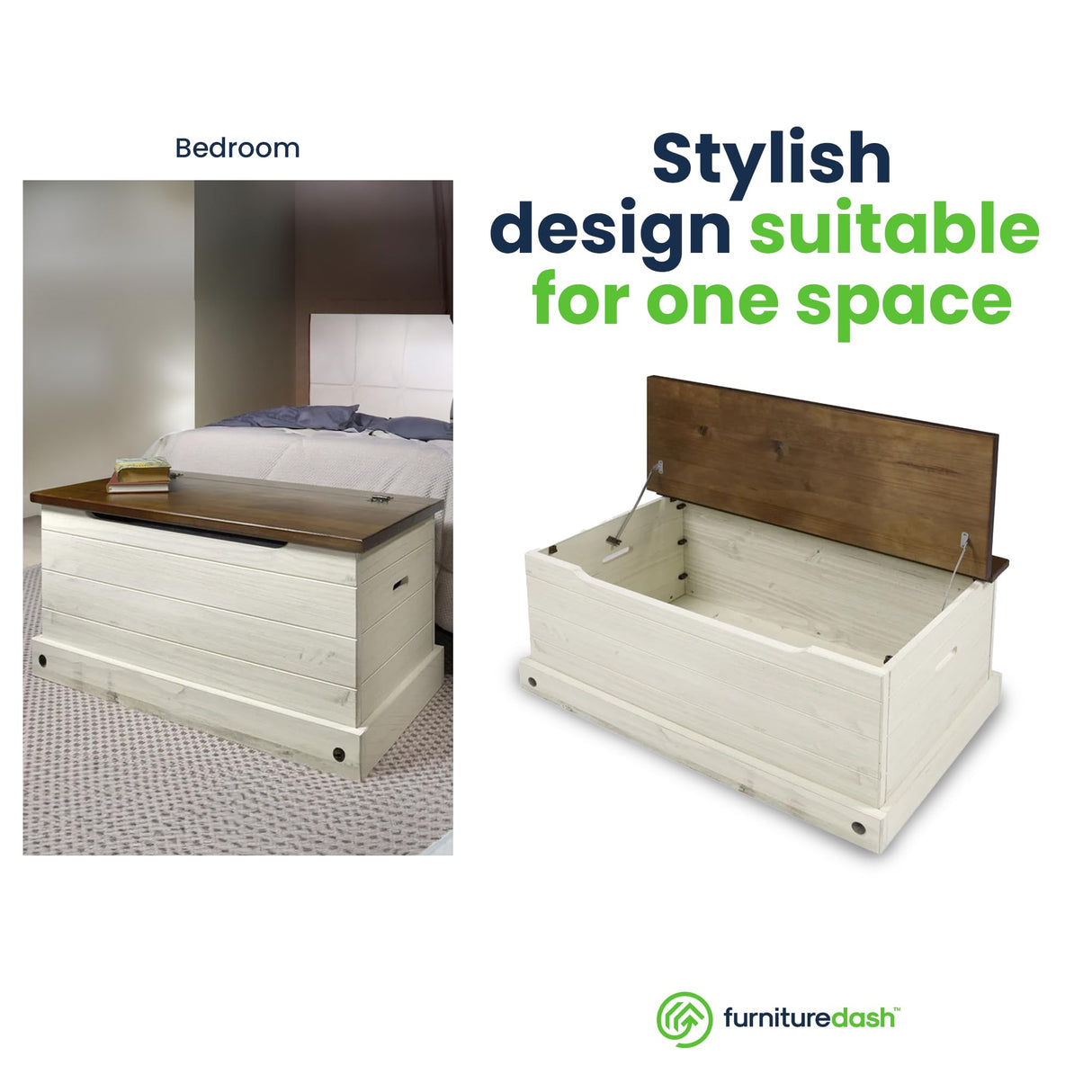 Furniture Dash Wooden Storage Trunk Corona, Wooden Entryway Storage Bench, Ideal for Living Room, Bathroom, Entryway, Office, Kitchen - White Distressed Furniture Dash