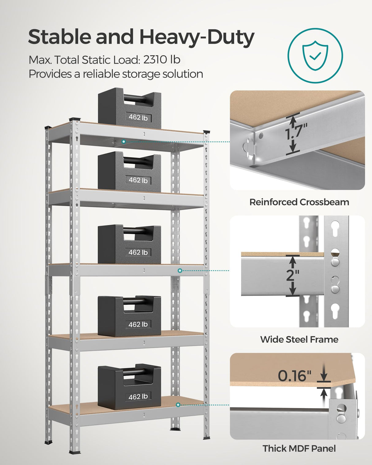 SONGMICS 5-Tier Storage Shelves, Load 2310 lb, Garage Storage, Boltless Assembly, Adjustable Shelving Unit, 11.8 x 29.5 x 59.1 Inches, for Study Shed Basement, Silver and Natural Beige UGLR300E01 SONGMICS