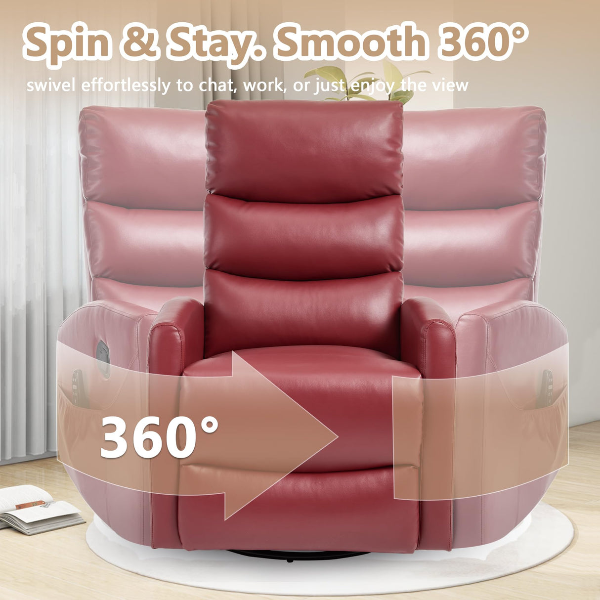 cinkehome Small Swivel Rocker Recliner Chair with Heated Massage, Upholstered Nursery Glider Recliner Chair, High Back, Side Pocket (Red PU Leather) cinkehome