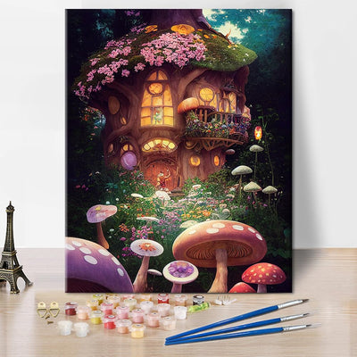 Frameless Mushroom Forest Paint by Numbers Kit for Adults Beginners Acrylic Easy Paint by Numbers for Adults Magical Fantasy House DIY Colorful Canvas Acrylic Painting for House Decor 16x20 Inch