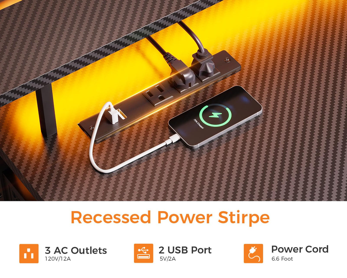 ODK 59" L Shaped Gaming Desk with LED Lights, Power Outlets, and Storage Solutions in Black Carbon Fiber ODK