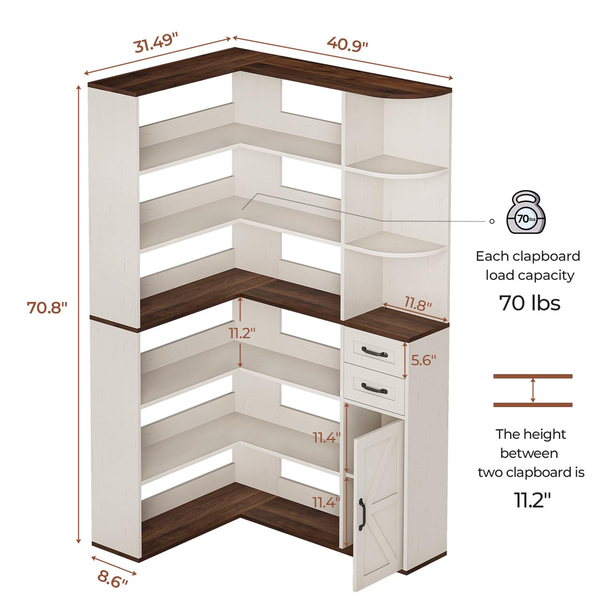 UPOSOJA 7-Shelf Farmhouse Corner Bookshelf with Lockers & Drawers, 71" L-Shaped Large Storage Shelf Display Rack for Bedroom, Living Room, Home Office (White Brown) UPOSOJA