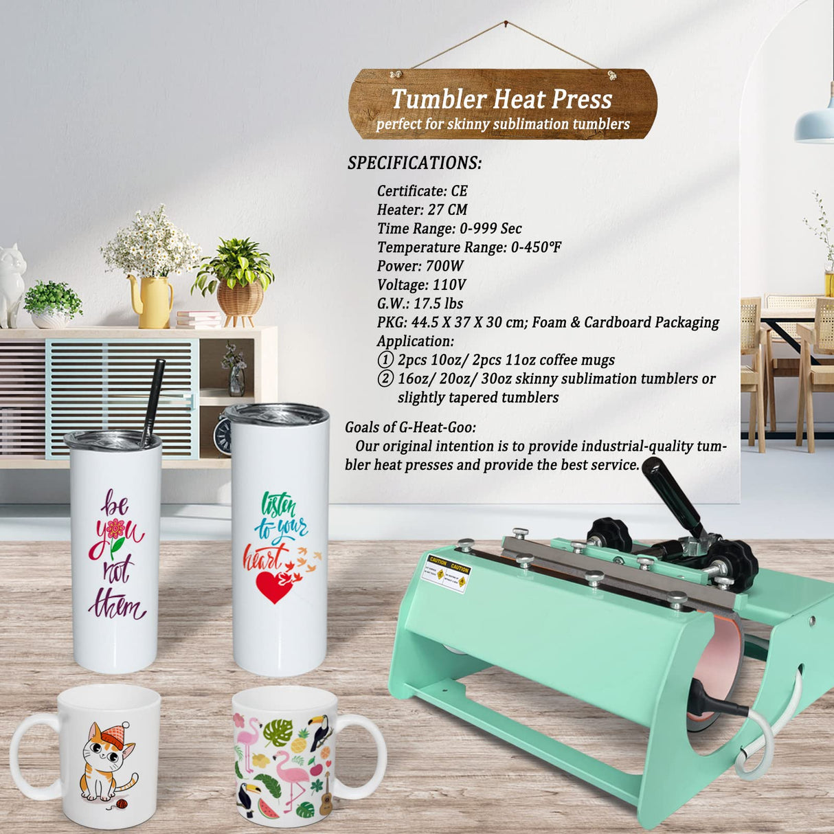 Tumbler Heat Press Machine 110V Mug Tumbler Press for 30 OZ 20 OZ 16 OZ Straight Sublimation Blanks Skinny Tumblers, 11OZ 10 OZ Ceramic Mugs Heat Transfer Print with Overheat Protection G HEAT-GOO
