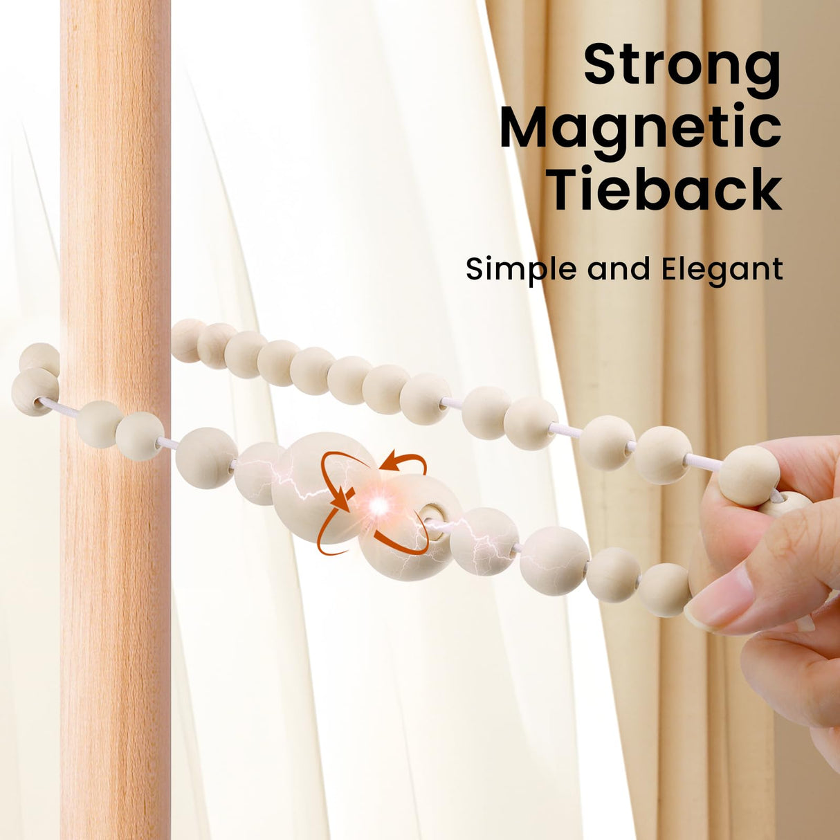 KLOGTSIND Magnetic Curtain Tiebacks, Curtain Tie Backs for Curtains 2 Pack, Wood Bead Curtain Tiebacks, Curtain Holders for Boho Bedroom Decor, Baby Nursery Decor, Farmhouse Decor KLOGTSIND