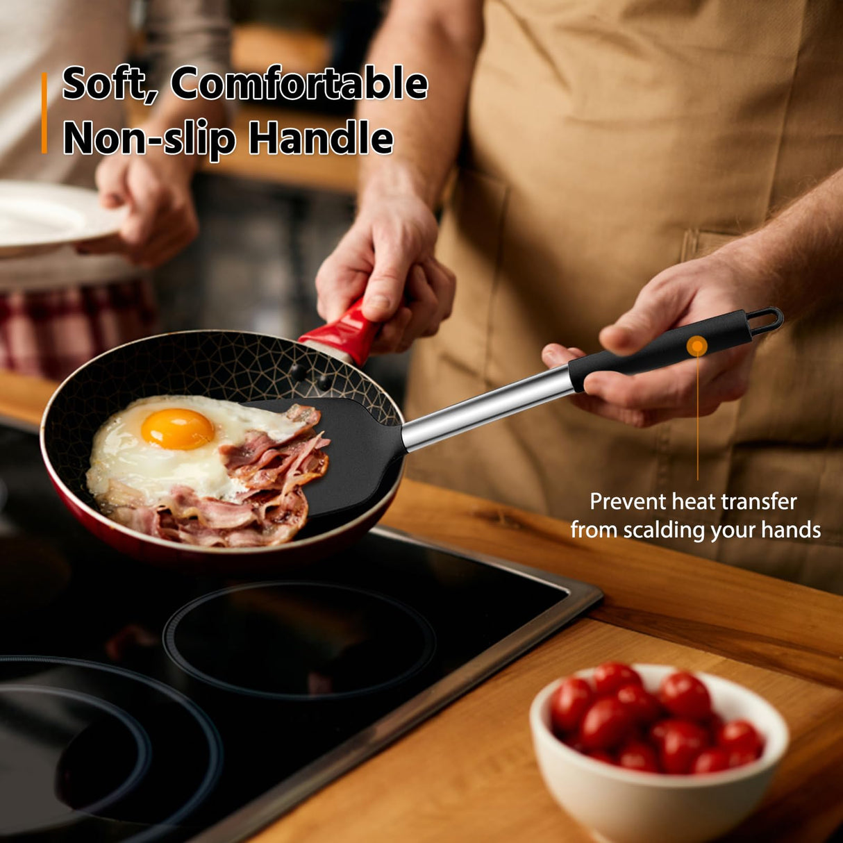 E-far Silicone Spatula Set of 2, Solid & Slotted Turner for Nonstick Cookware, Heat Resistant Rubber Kitchen Cooking Utensils for Flipping Fish Pancake Egg - Black E-far