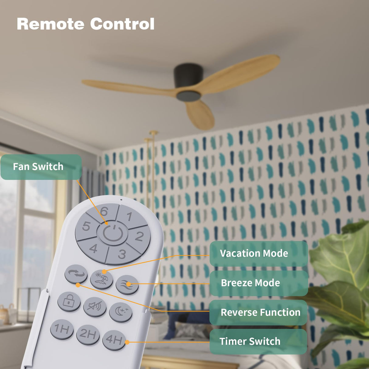 Flush Mount Ceiling Fan no light with Remote, 52 inch Low Profile Wood Ceiling Fan no light, Modern Ceiling Fan without light for Outdoor, Bedroom, Natural Wood and matte Black, DC Motor, 6 Speed OUATER