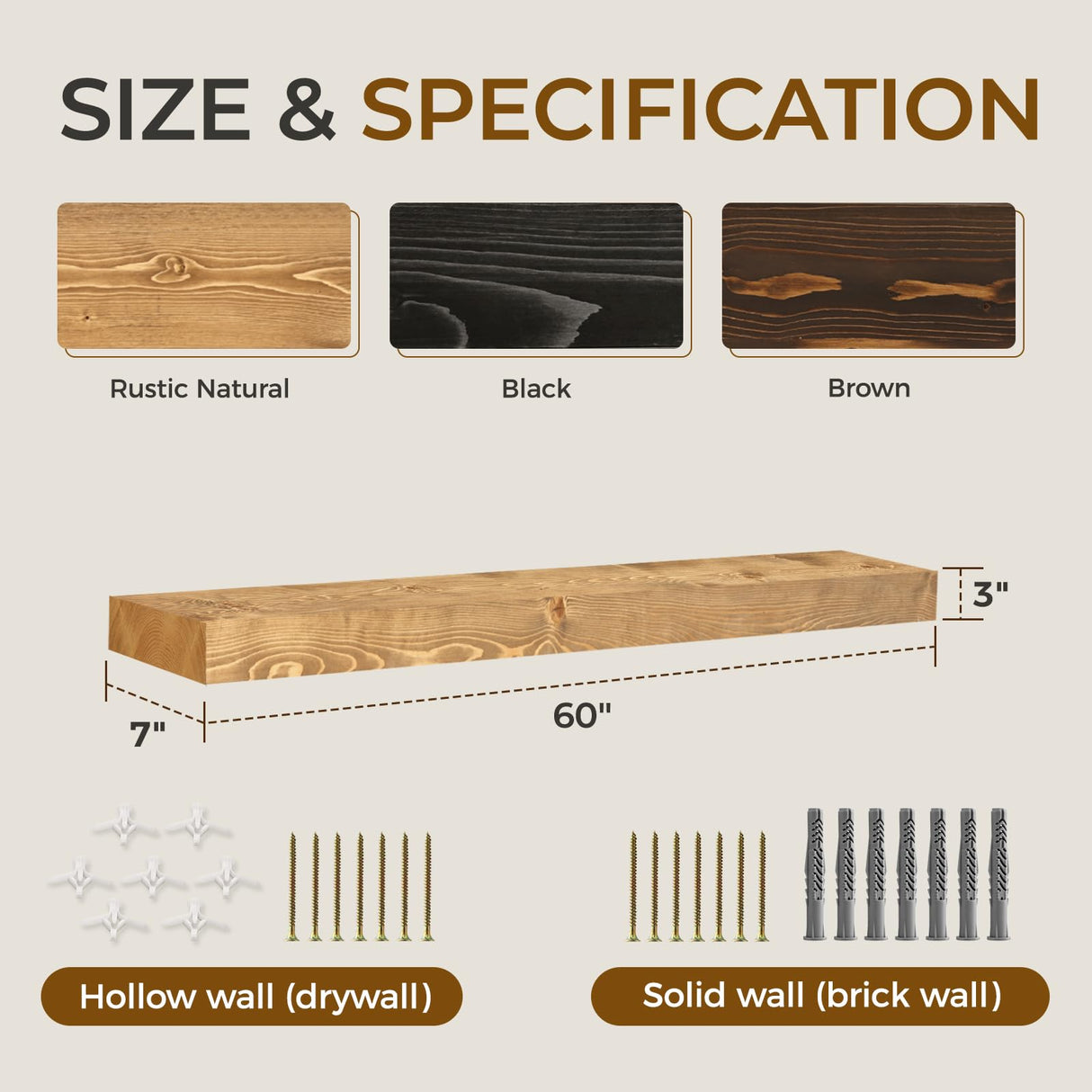 YLYHSST 60" Fireplace Mantel, 3'' Thick Handmade Rustic Solid Wood - Wall Long Floating Shelf with Invisible Metal Bracket, Wood Color YLYHSST