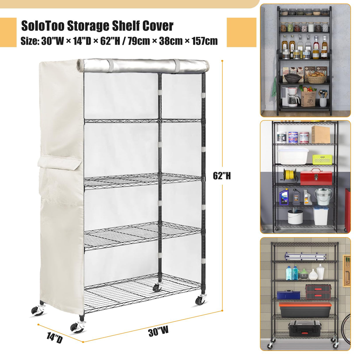 SoloToo Heavy-Duty Waterproof Wire Shelf Cover, Garage Storage Shelving Protector, Universal Fit 30 x 14 x 62 Inch Rack Covers with 1" Tolerance (White) SoloToo