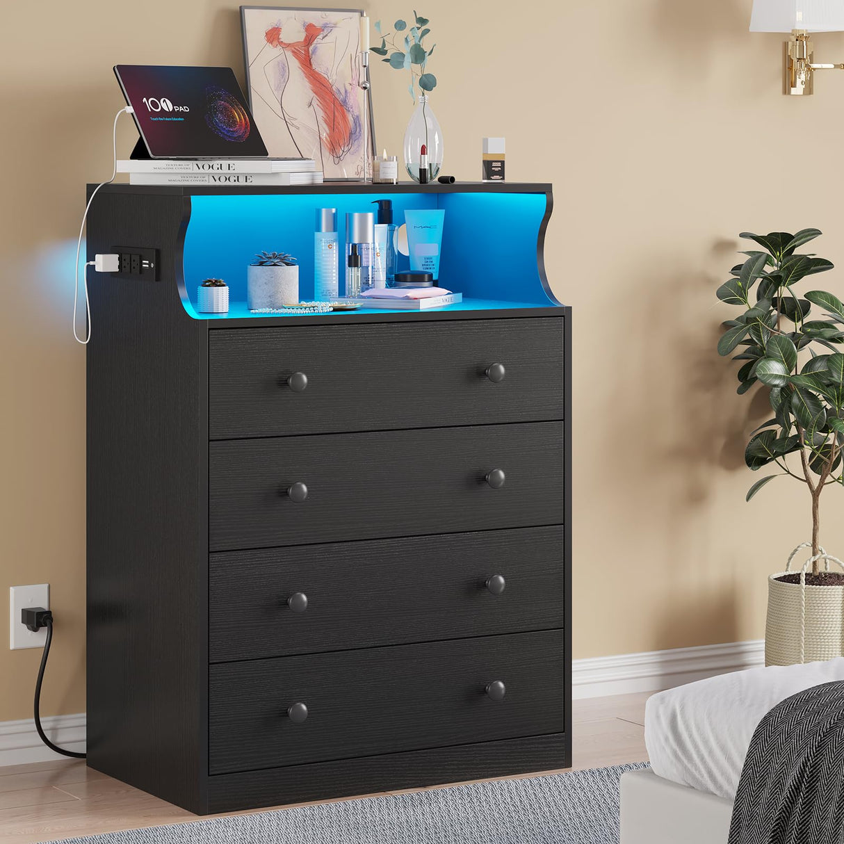 Hasuit Black Dresser with Charging Station, 4 Drawers LED Dresser for Bedroom, Chest of Drawers with Open Space, Large Capacity Tall Storage Cabinet, Black Dresser for Bedroom Hasuit