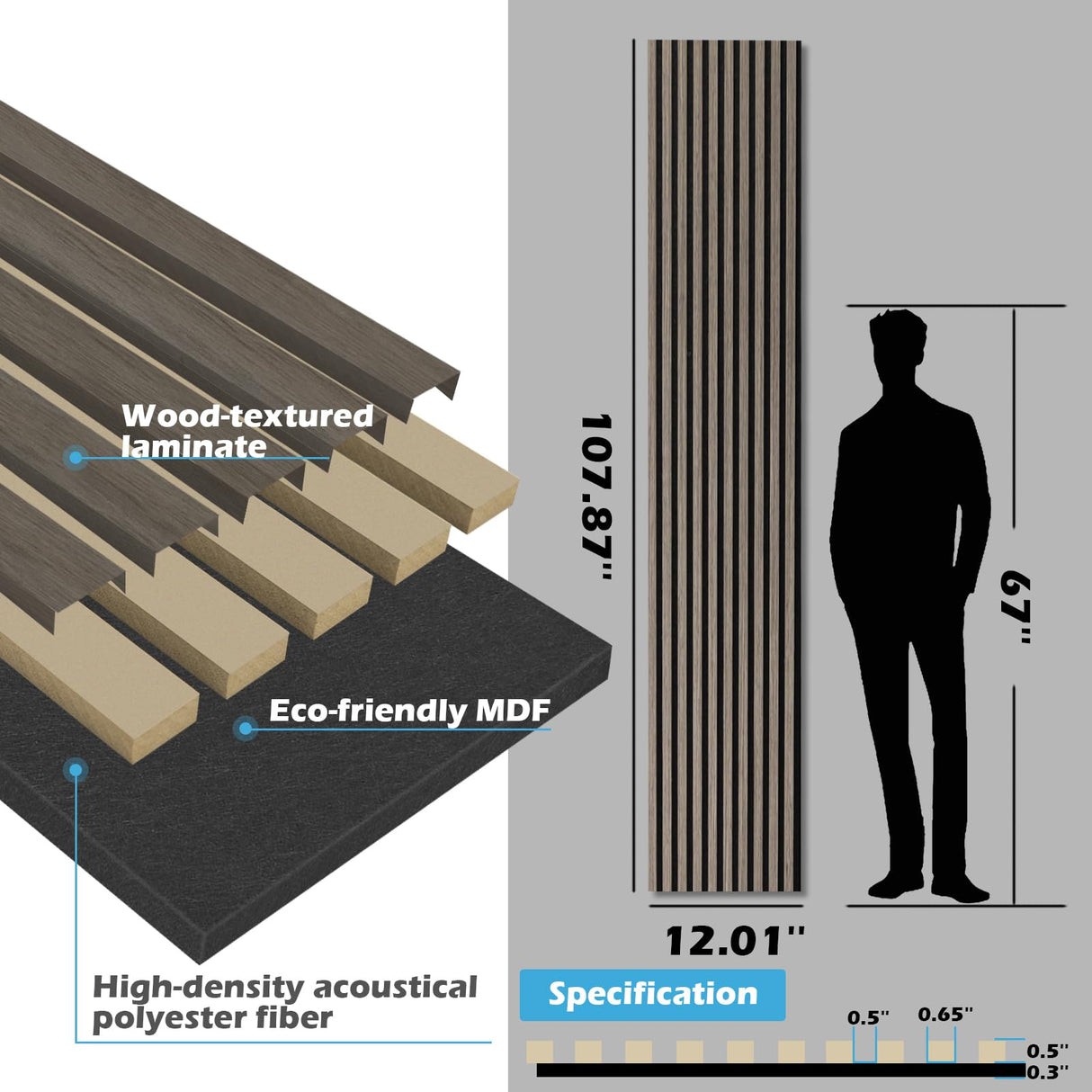 Art3d 2-Pack 108" x 12" Acoustic Wood Panels for Wall, Soundproof Wood Slat Panel for Wall and Ceiling, 3D Fluted Sound Absorbing Paneling for Interior Wall Decor, Living Room, Bedroom - Walnut Art3d