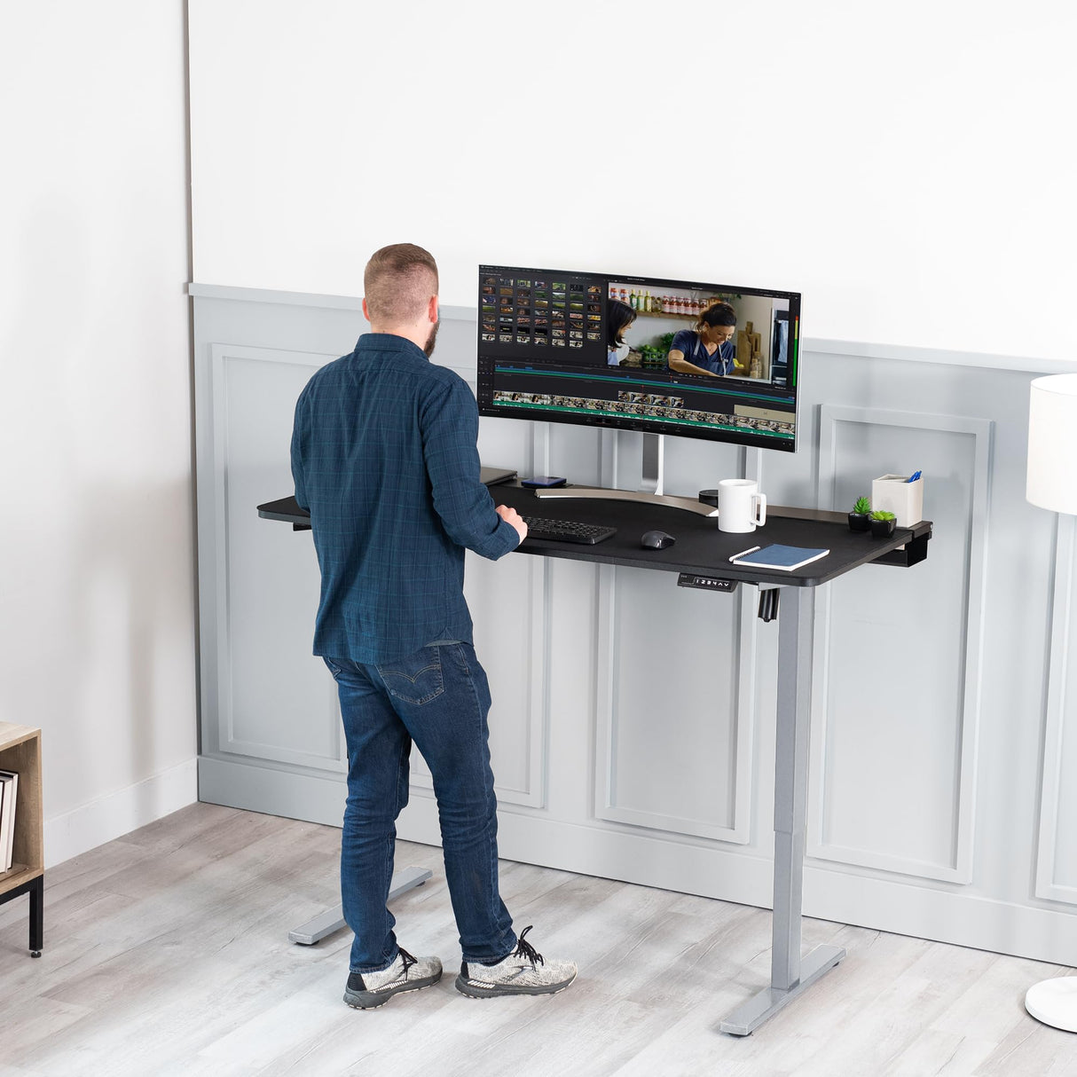 VIVO Electric Height Adjustable 60 x 30 inch Memory Stand Up Desk, Black Table Top with Built-in Concealed Cable Trays and Full-Size Pad, Gray Frame, VIVO