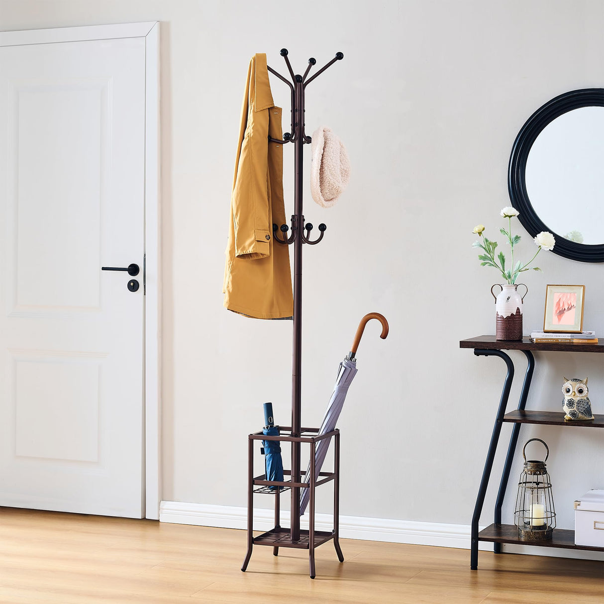FAVOOSTY Coat Rack Freestanding,Coat Rack Stand with Umbrella Holder,Metal Coat Rack with 12 Hooks,Tree Clothes Hat for Entryway,Hallway,Living Room,Bedroom, Office To Hang Clothes-Brown FAVOOSTY