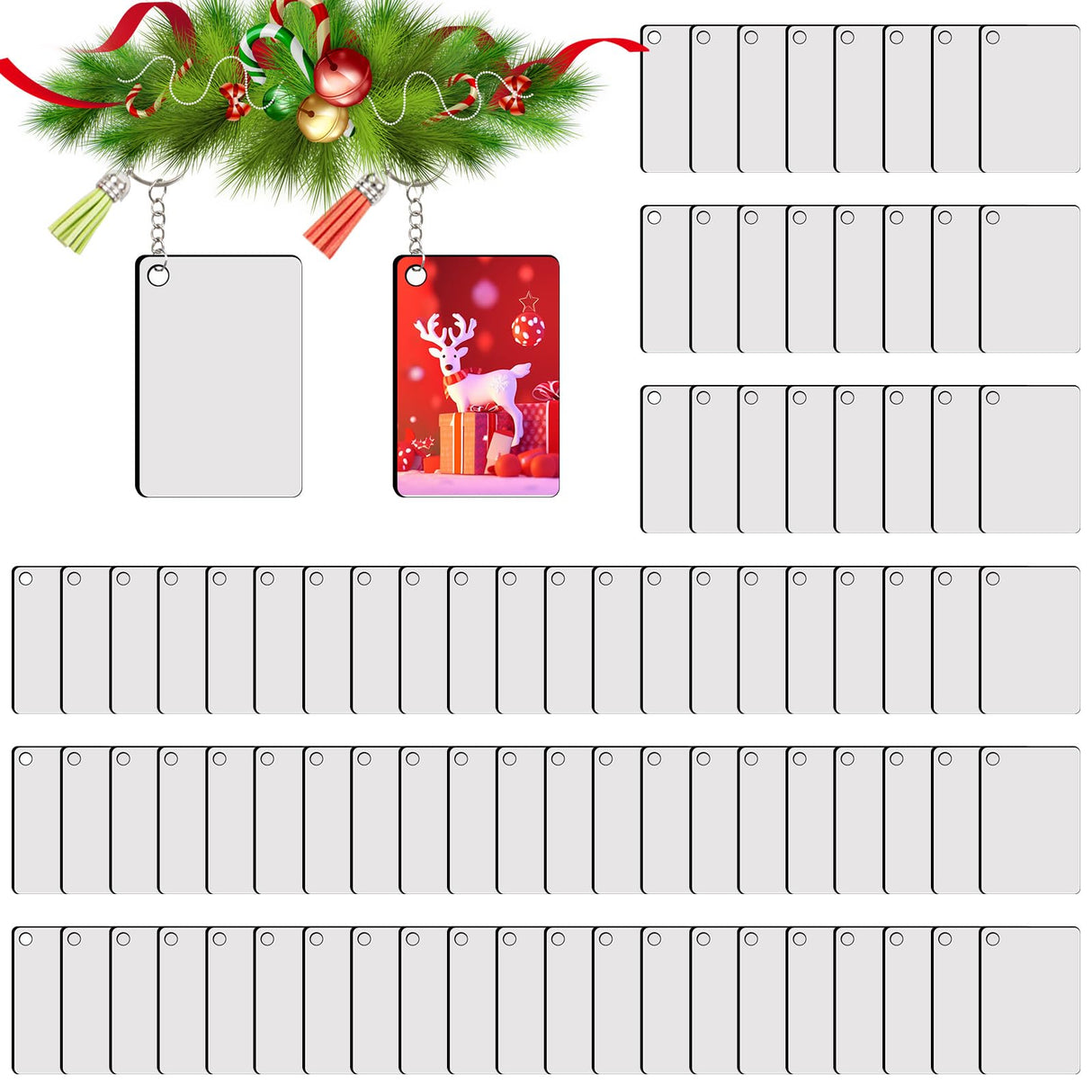 AiDiYGECO 60PCS Sublimation Ornament Blanks Keychain with Tassels Double Sided MDF Sublimation Blanks Bulk Christmas tree decorations for Sublimation Keychains Craft AiDiYGECO