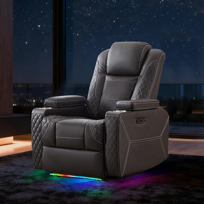 IPKIG Homer Theater Seating Recliner, Power Recliner Chair with Adjustable Powered Headrest, 4 Colors Ambient Lightings, Hidden Arm Storage, USB Port, Side Pockets and Cup Holders (1, Brown)