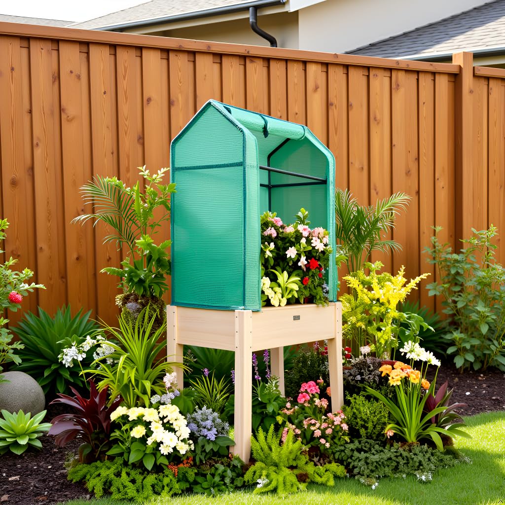 ZSYWODFO Raised Garden Bed with Greenhouse Cover,Elevated Wood Planter Box with Legs & Non-Woven Liner,34" L x18 W x 66" H Indoor Outdoor Gardening Bed for Vegetables, Herbs, Flowers ZSYWODFO