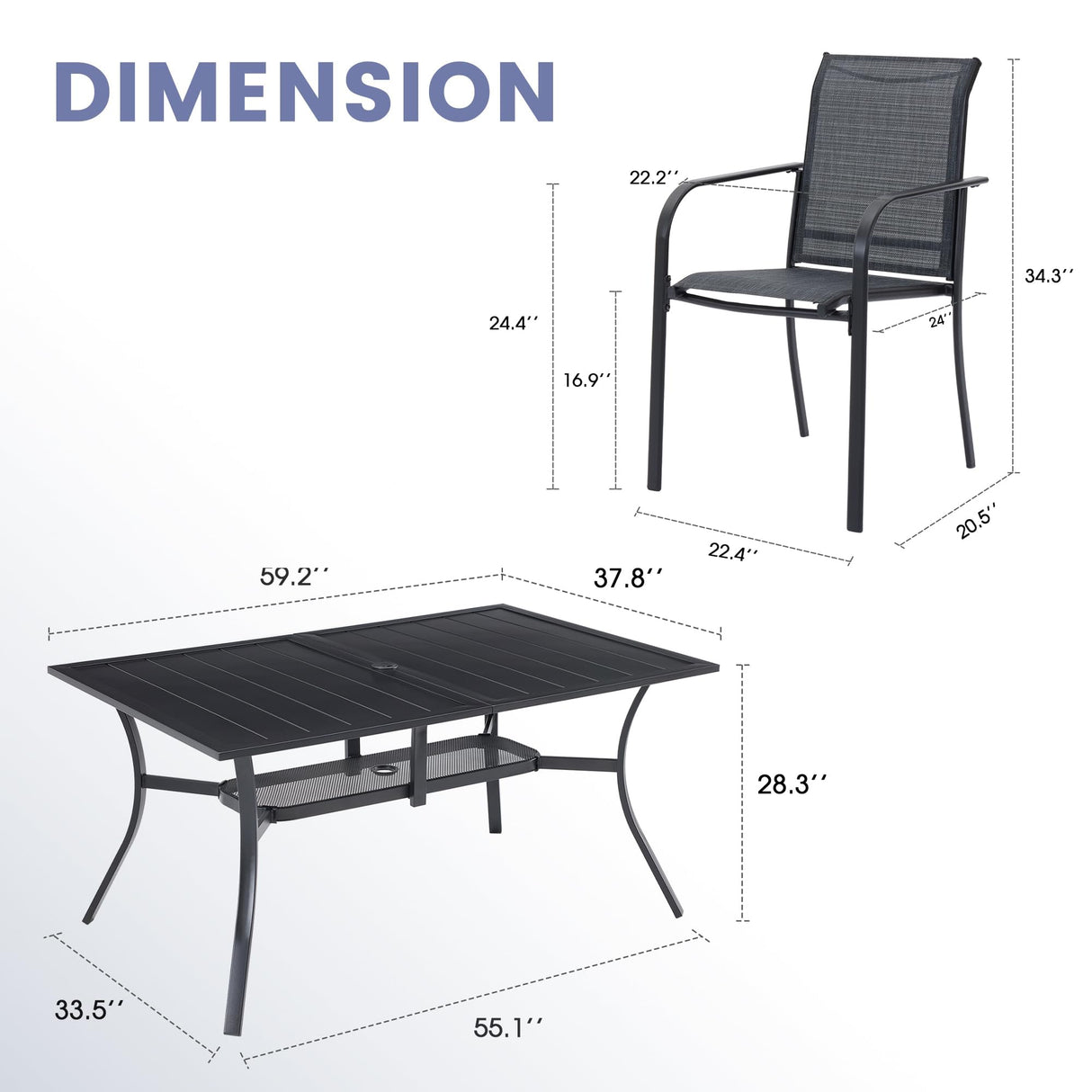 VICLLAX 7 Pieces Patio Dining Set, Patio Furniture Set of 6 Patio Stackable Dining Chairs and Outdoor Rectangular Metal Table with Storage Shelf for Backyard, Grey Chairs and Black Table VICLLAX