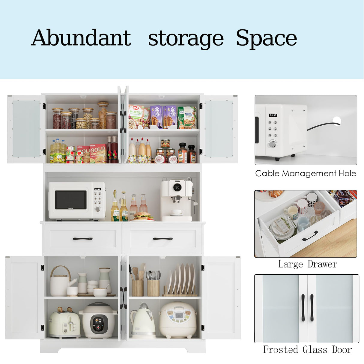 BOTLOG Kitchen Pantry Storage Cabinet, 71" Large Buffet Cabinet with Hutch, Drawers, Tall Kitchen Hutch Cabinet with Microwave Stand for Dining Room, White BOTLOG