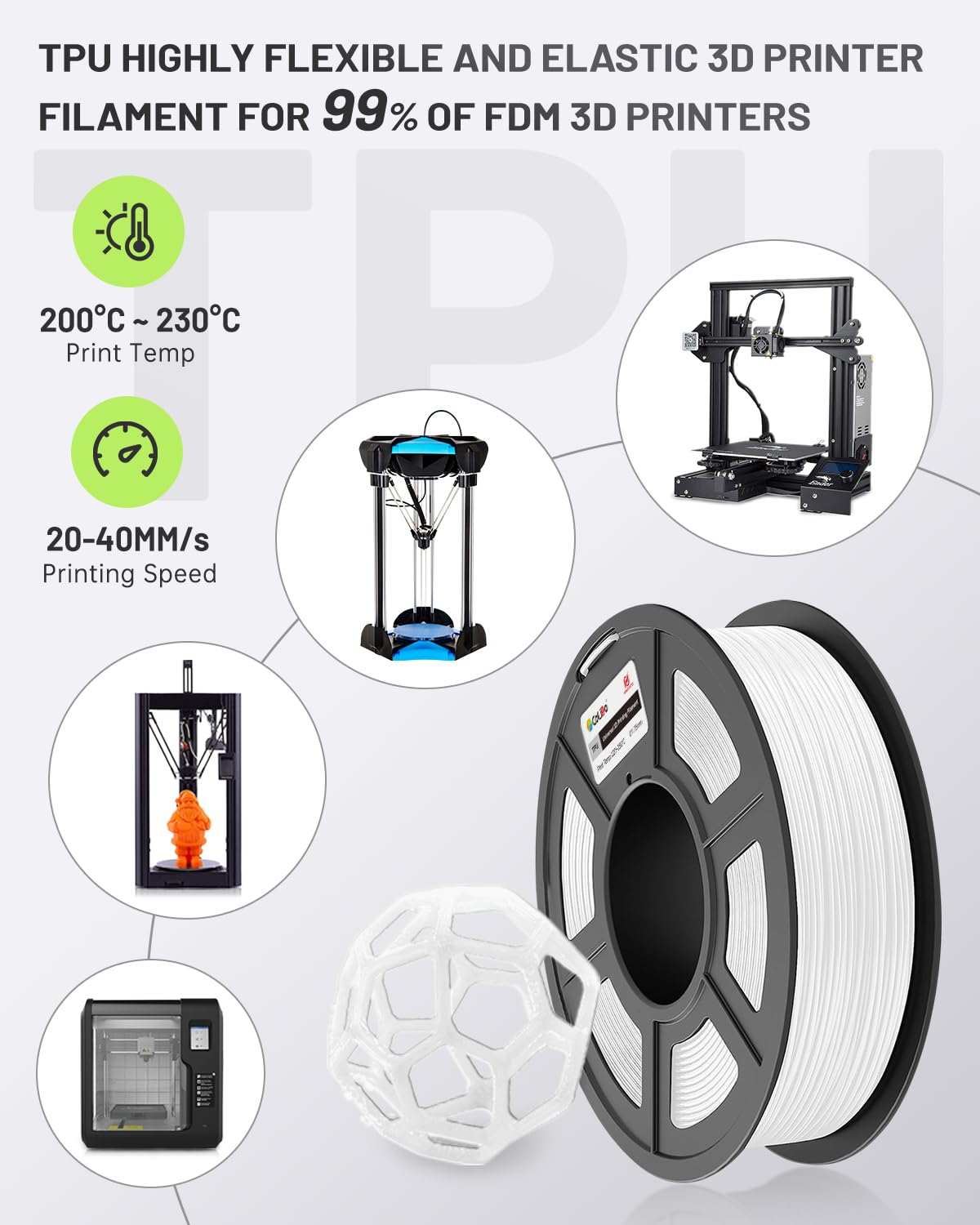 COLIDO Flexible TPU 3D Printer Filament - Shore 95A, 500G Spool, 1.75mm Diameter, Ideal for Durable and Elastic Prints(White,1-Pack) CoLiDo