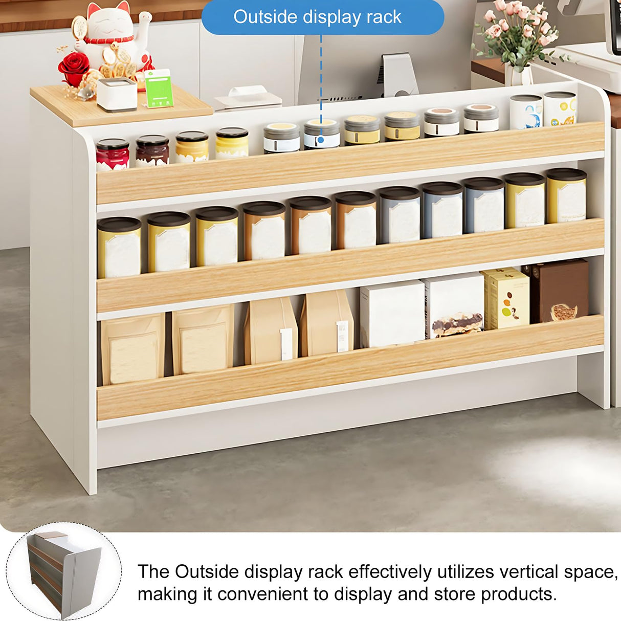 Modern Reception Desk Counter, Retail Counter Reception Desk with Lockable Drawers, Retail Checkout Counter with Open Shelves ZGGJZKV