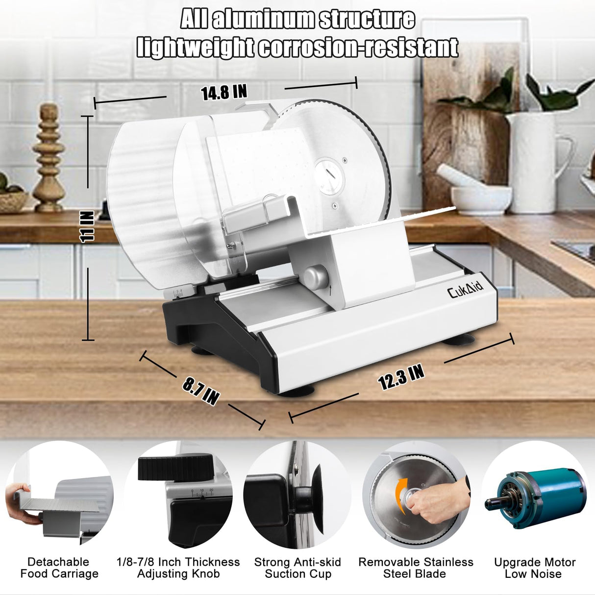 Electric Meat Slicer, 200W Meat Slicer Machine for Home Use, Deli Food Slicer, Meat Cutter Machine, Aluminum,Dishwasher Safe, Removable Blade & Food Carriage and Pusher, 7/8 Inch Adjustable Thickness CukAid