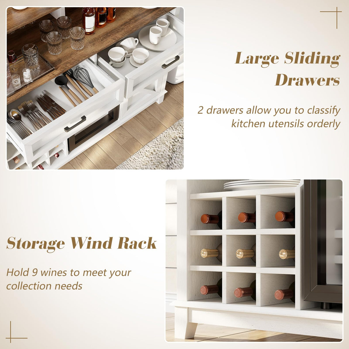 LUXOAK Farmhouse Coffee Bar Cabinet with Beverage Refrigerator Cooler, 47" Rustic Wine Bar Cabinet w/15 Mini Fridge, Barn Door & Glass Racks, Kitchen Hutch Buffet Table w/Drawer, Dining Room, White LUXOAK