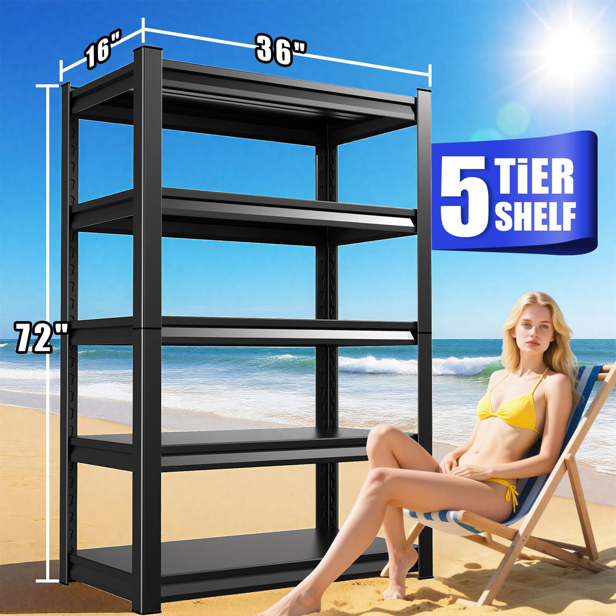 PKDYEZ Garage Shelving 5-Tier Adjustable Metal Garage Shelves Heavy Duty Unit,3000 LBS Steel Shelf Storage Rack Suitable for Industries,Warehouses,Basement,Black (72''H x 36''W x 16''D) PKDYEZ