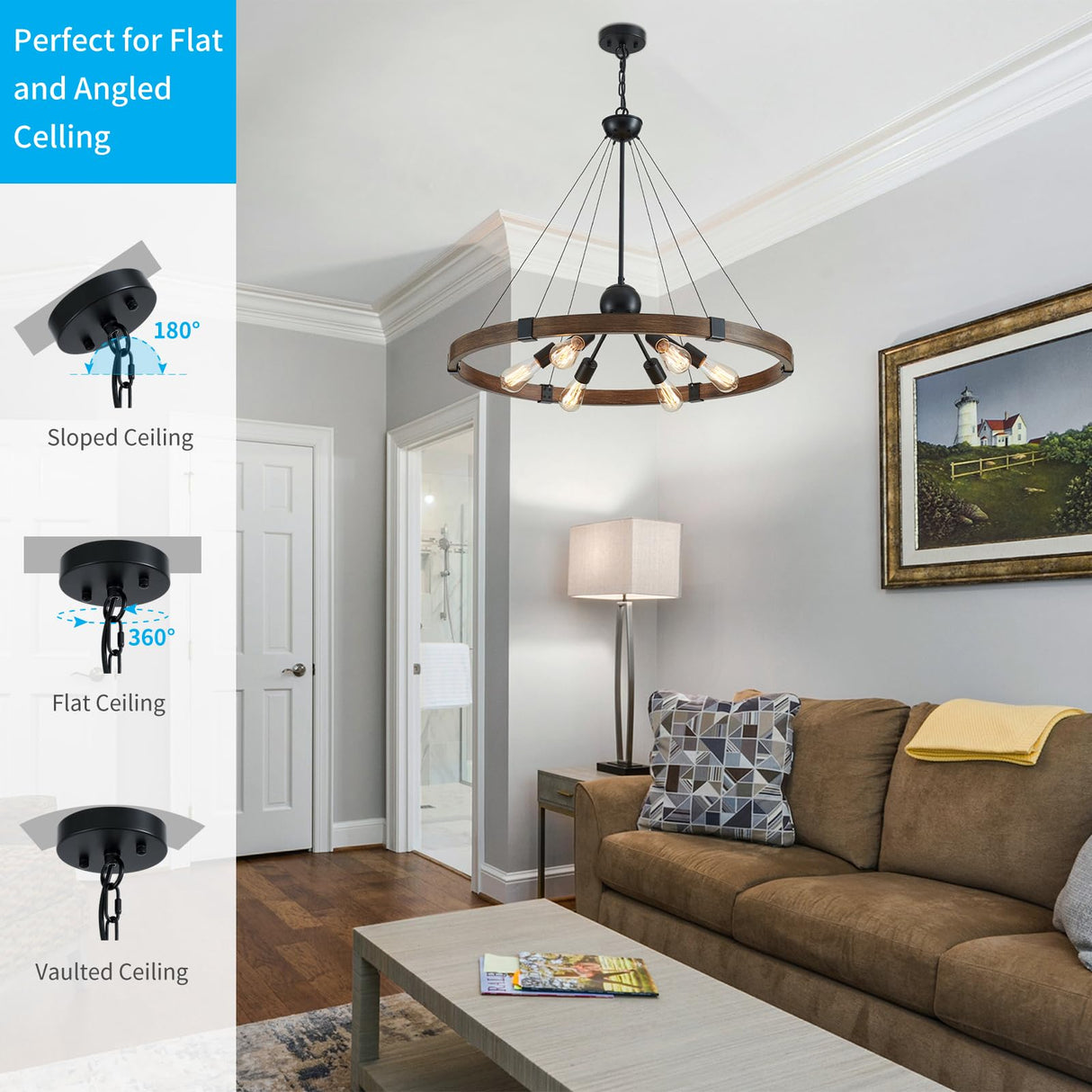 XINGQI 31.5" Wagon Wheel Chandeliers Large Modern Farmhouse Light Fixture, Black & Wood Grain Finish 6-Light for Dining Room Living Room Office XINGQI