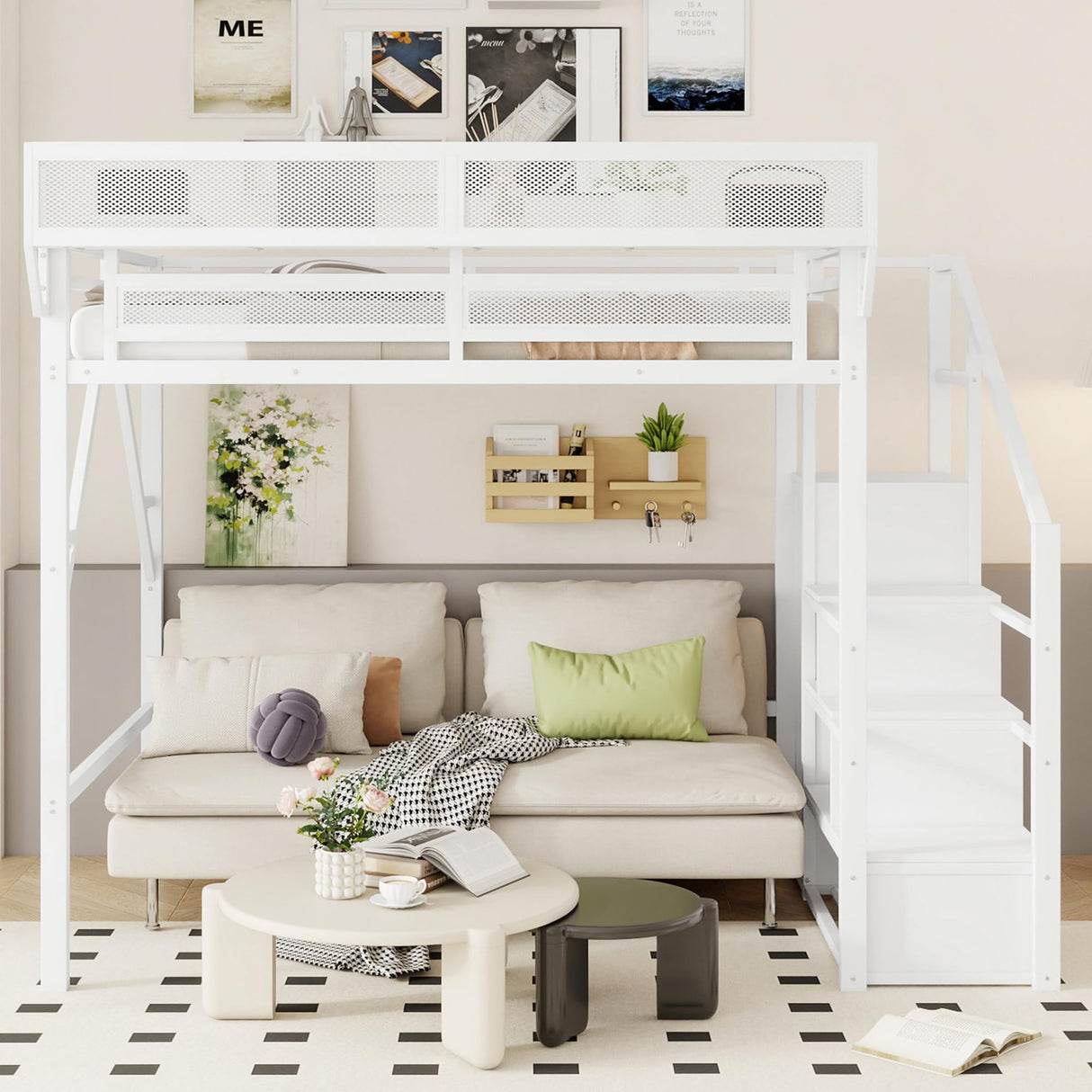 Mirightone Full Size Loft Bed with Stairs, Metal Loft Beds, High Loft Bed Frame with Storage Shelves, Lofted Full Bed with Wardrobe for Kids and Teens, No Box Spring Needed (White) Mirightone